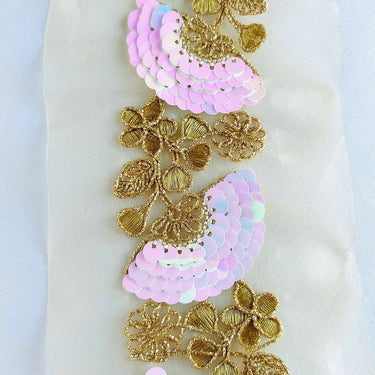 Gold Sheer Fabric Trim With Antique Gold Floral Embroidery And Pink White Two Tone Sequins Embellishments, Approx. 95mm Wide - 210119L124